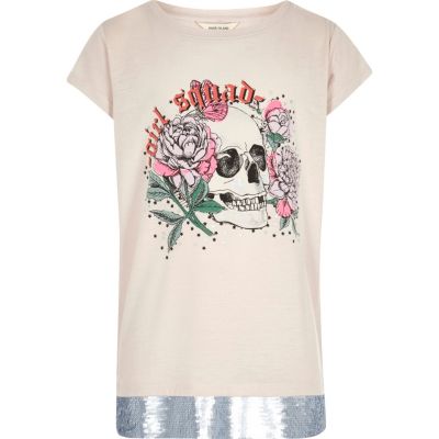 Girls cream skull sequin hem band T-shirt